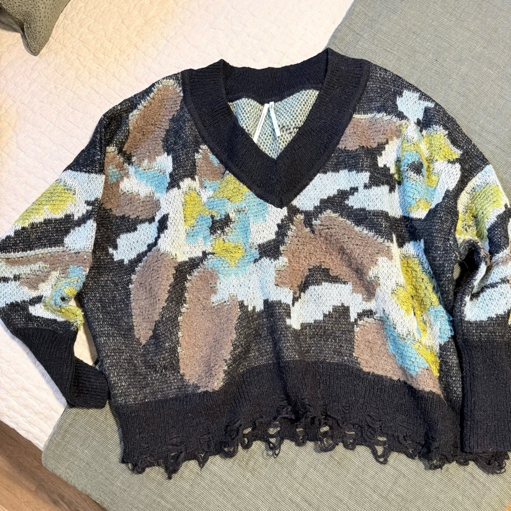 Anthropologie Black, Blue & Green V-Neck Sweater ~  ~ Size Large